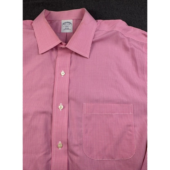 Brooks Brothers Mens Dress Shirt 17 1/2-4/5 Pink Gingham Slim Fit Non-Iron - Picture 1 of 9